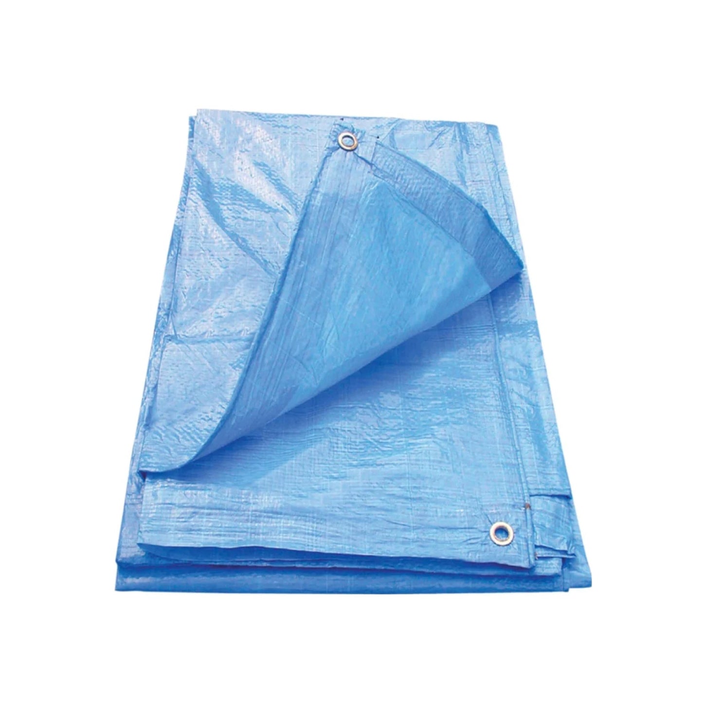 Lona azul ligera impermeable con ojales, ideal para cubrir y proteger objetos o áreas al aire libre.