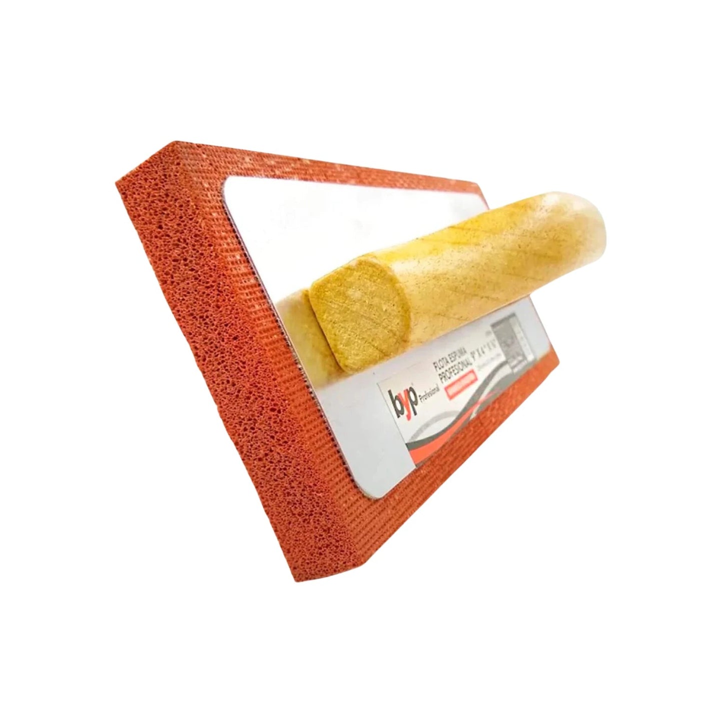 Llana de esponja profesional BYP con mango de madera, base naranja. Ideal para acabados de albañilería.