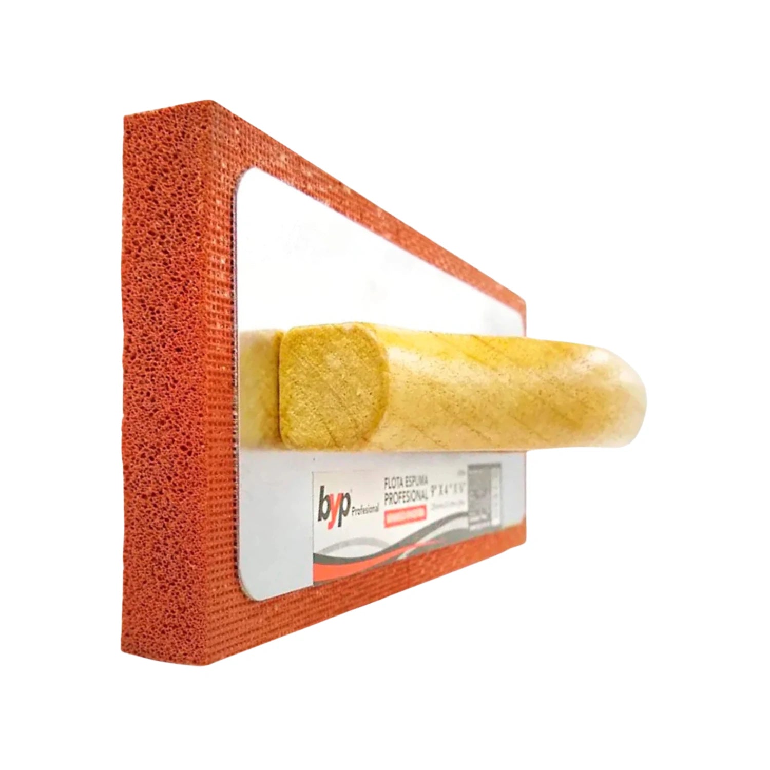 Llana de esponja roja con mango de madera Byp, ideal para acabados finos en construcción y enlucido.