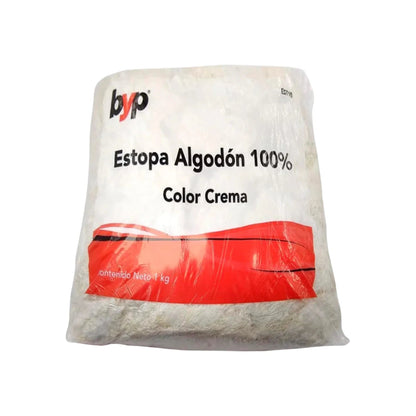 Estopa de algodón 100% Byp color crema, bolsa de 1 kg para limpieza y pulido general.