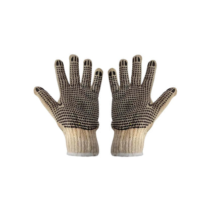 Guantes de trabajo tipo japonés de algodón beige con puntos antiderrapantes negros para mayor agarre y protección