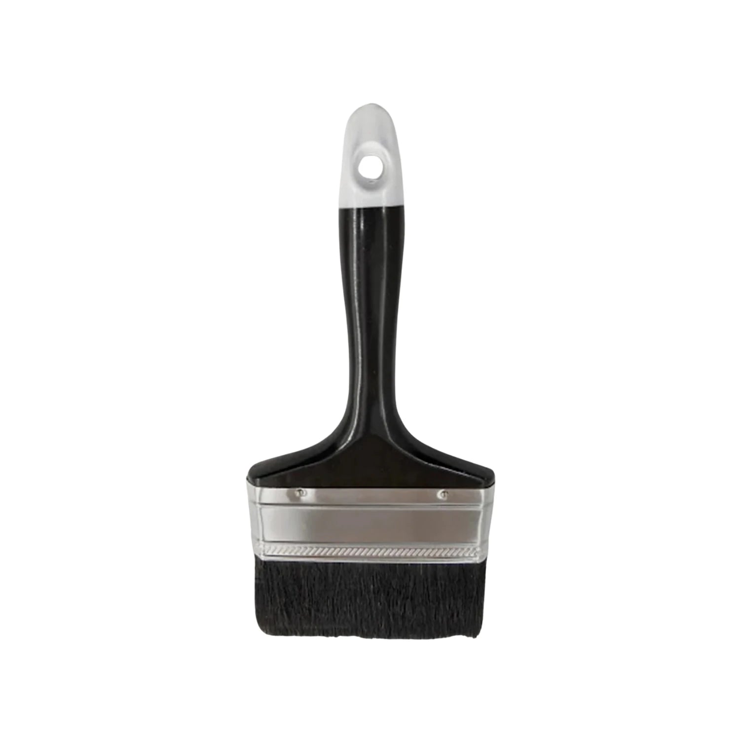 Brocha plana para pintura 4 pulgadas, mango negro con tope blanco, cerdas negras y virola metálica