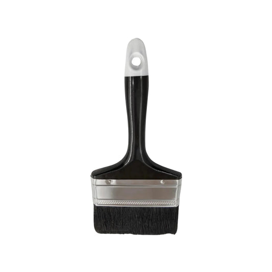 Brocha plana para pintura 4 pulgadas, mango negro con tope blanco, cerdas negras y virola metálica