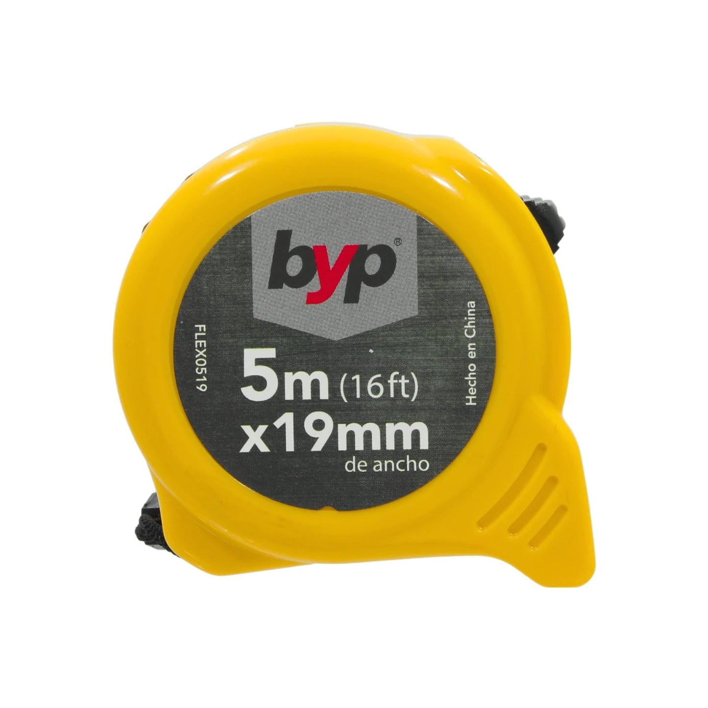 Flexómetro BYP amarillo 5m (16ft) x 19mm, cinta métrica de medición, modelo FLEX0519