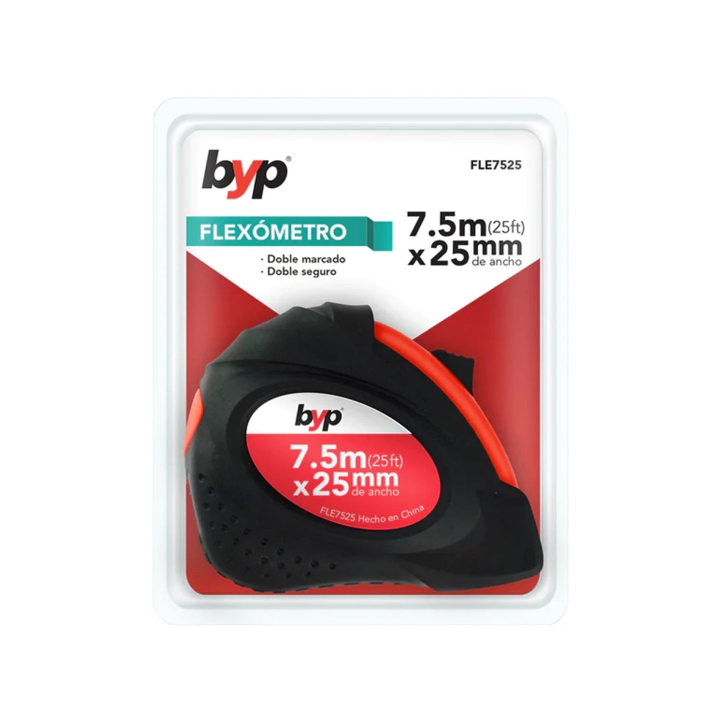 Flexómetro BYP negro y naranja 7.5m (25ft) x 25mm, con doble marcado y doble seguro, FLE7525.