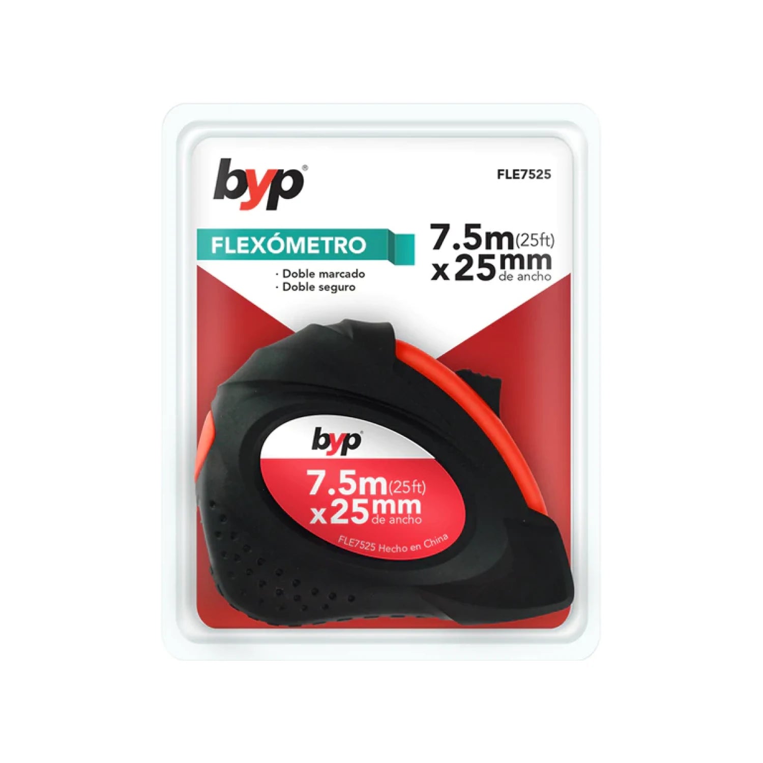 Flexómetro BYP negro y naranja 7.5m (25ft) x 25mm, con doble marcado y doble seguro, FLE7525.
