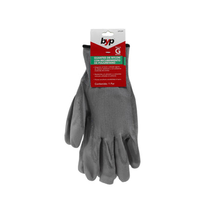 Guantes de trabajo BYP nylon/poliuretano grises talla G antiderrapantes, resistentes a abrasión y solventes