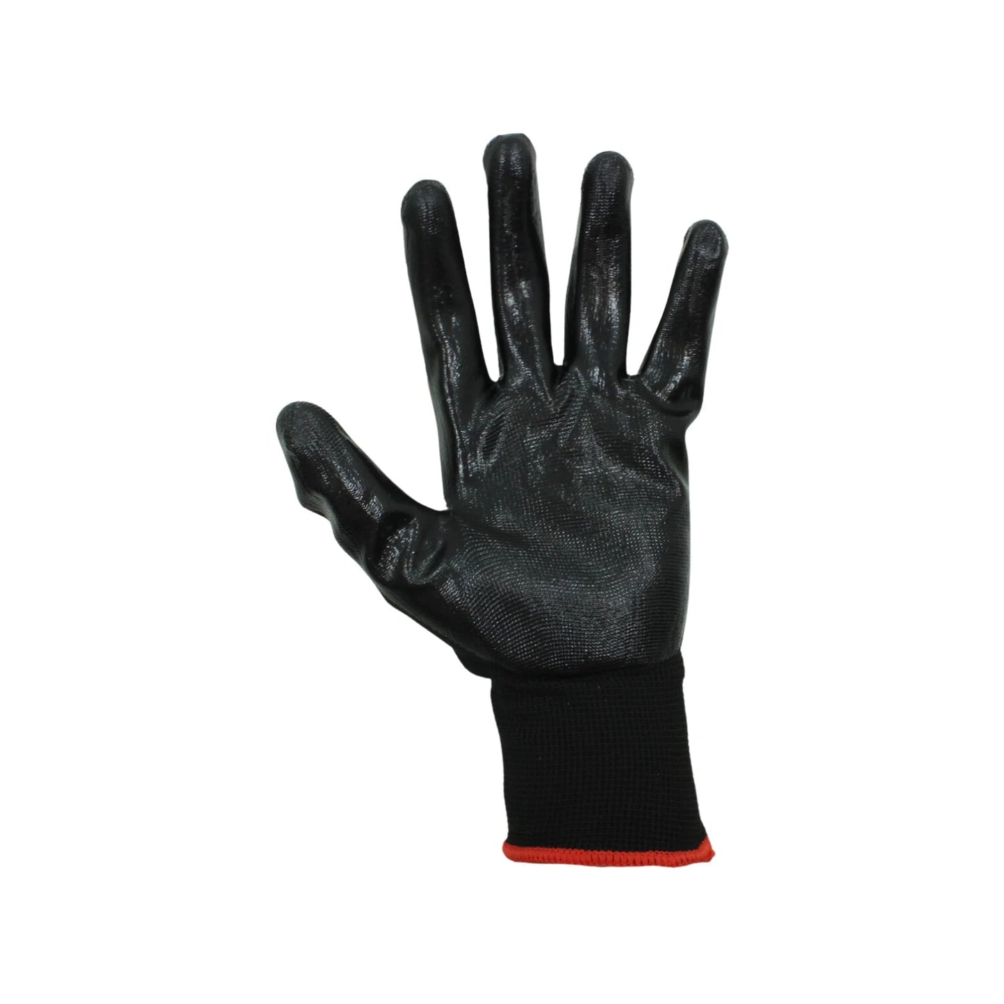 Guante de trabajo negro de nylon y nitrilo con palma texturizada antiderrapante y puño elástico rojo para seguridad