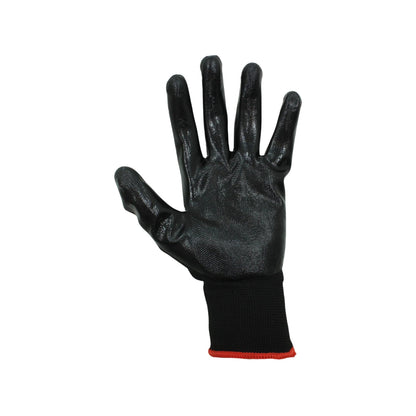 Guante de trabajo negro de nylon y nitrilo con palma texturizada antiderrapante y puño elástico rojo para seguridad