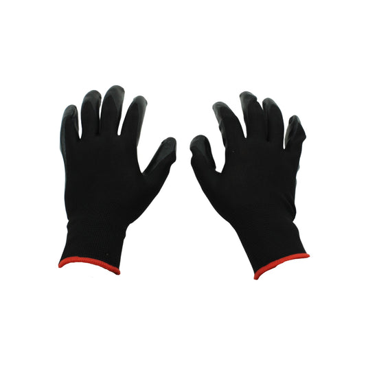 Guantes de seguridad negros nylon/nitrilo con puño rojo, antiderrapantes para agarre y protección en ferretería.