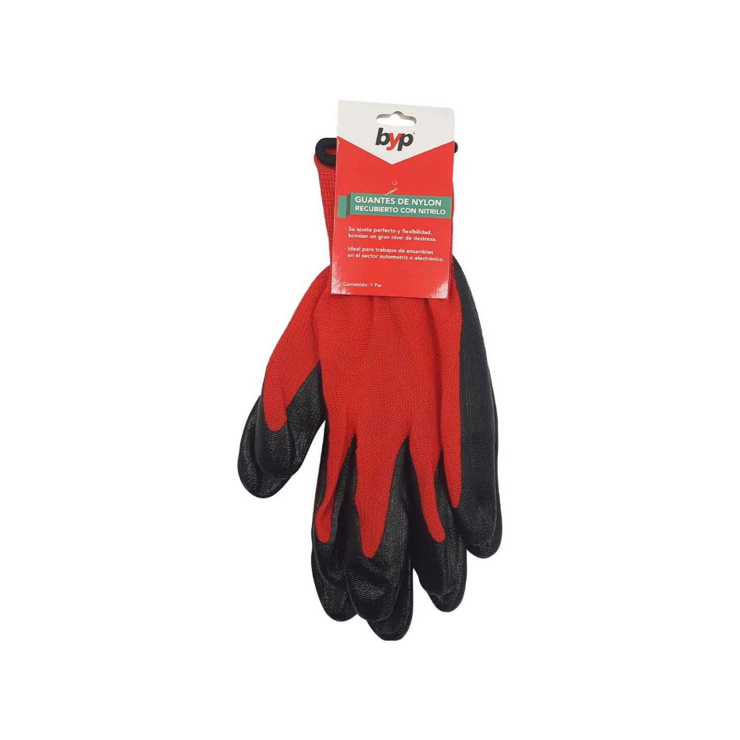 Guantes de nylon con recubrimiento de nitrilo Byp, rojos y negros, antiderrapantes para protección y destreza.