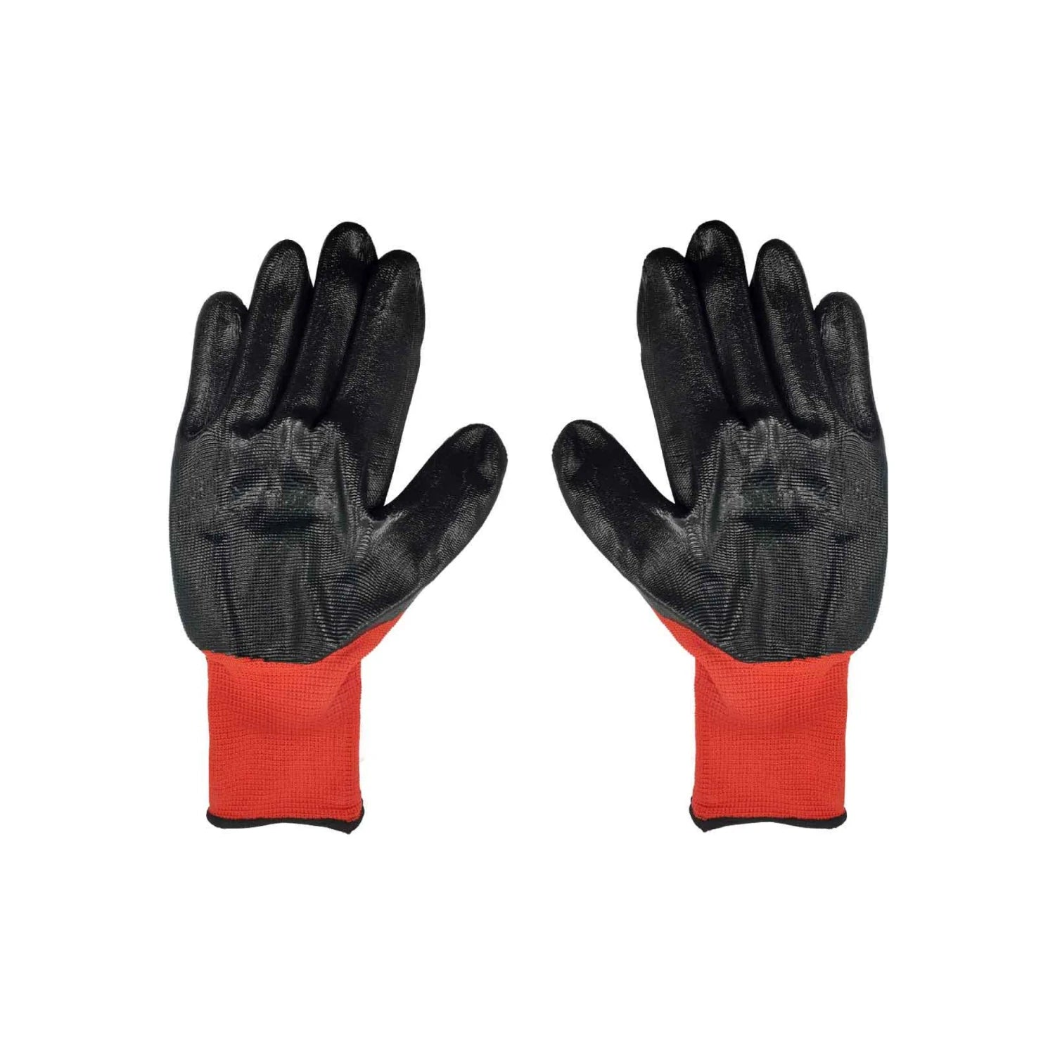 Guantes de trabajo nylon/nitrilo negros con puño rojo, antiderrapantes para agarre seguro y protección