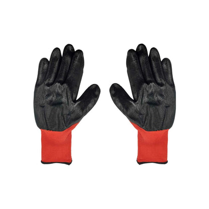 Guantes de trabajo nylon/nitrilo negros con puño rojo, antiderrapantes para agarre seguro y protección