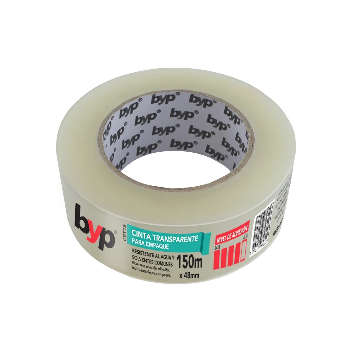 Cinta de empaque transparente BYP 150m x 48mm, alta adherencia, resistente a agua y solventes