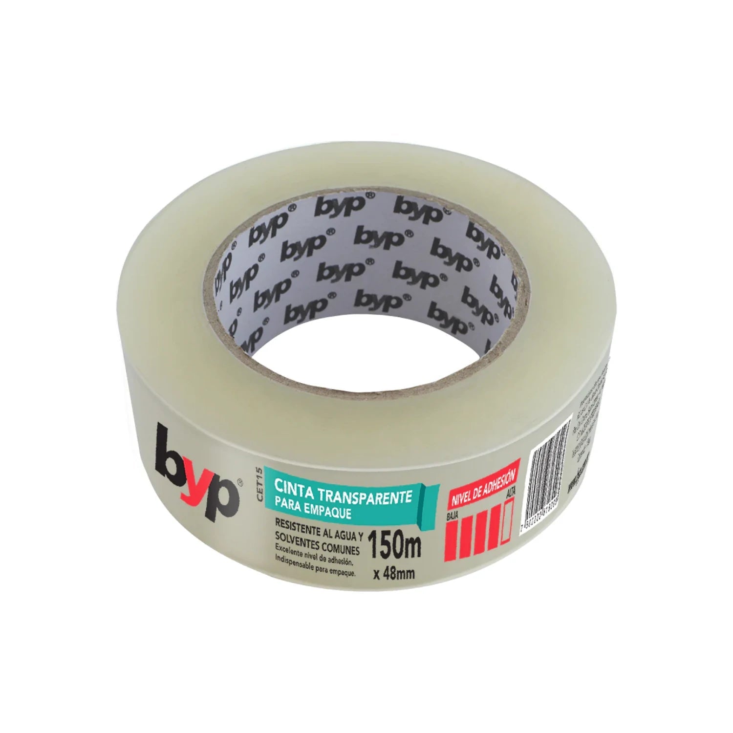 Cinta de empaque transparente BYP 150m x 48mm, alta adherencia, resistente a agua y solventes