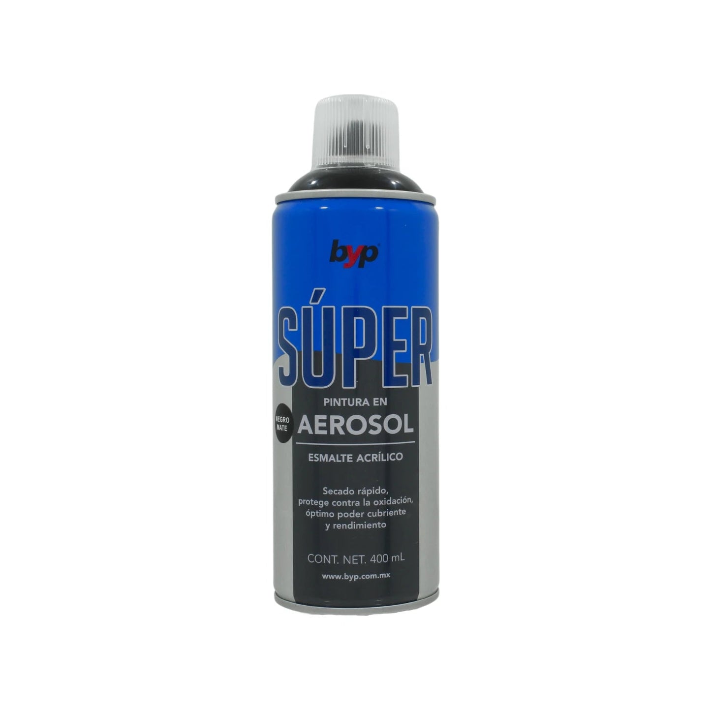 Esmalte acrílico en aerosol negro mate BYP Súper 400ml, secado rápido, protección contra oxidación.