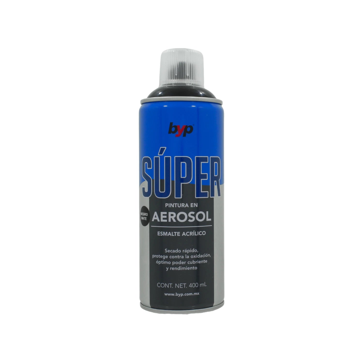 Esmalte acrílico en aerosol negro mate BYP Súper 400ml, secado rápido, protección contra oxidación.