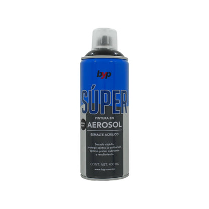 Esmalte acrílico en aerosol negro mate BYP Súper 400ml, secado rápido, protección contra oxidación.
