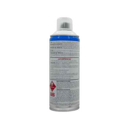 Pintura en aerosol acrílica blanca brillante Byp, lata azul con instrucciones de uso y seguridad visible