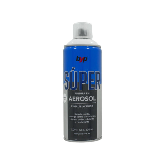 Pintura en aerosol BYP Súper, esmalte acrílico blanco mate 400ml para secado rápido y protección contra oxidación.