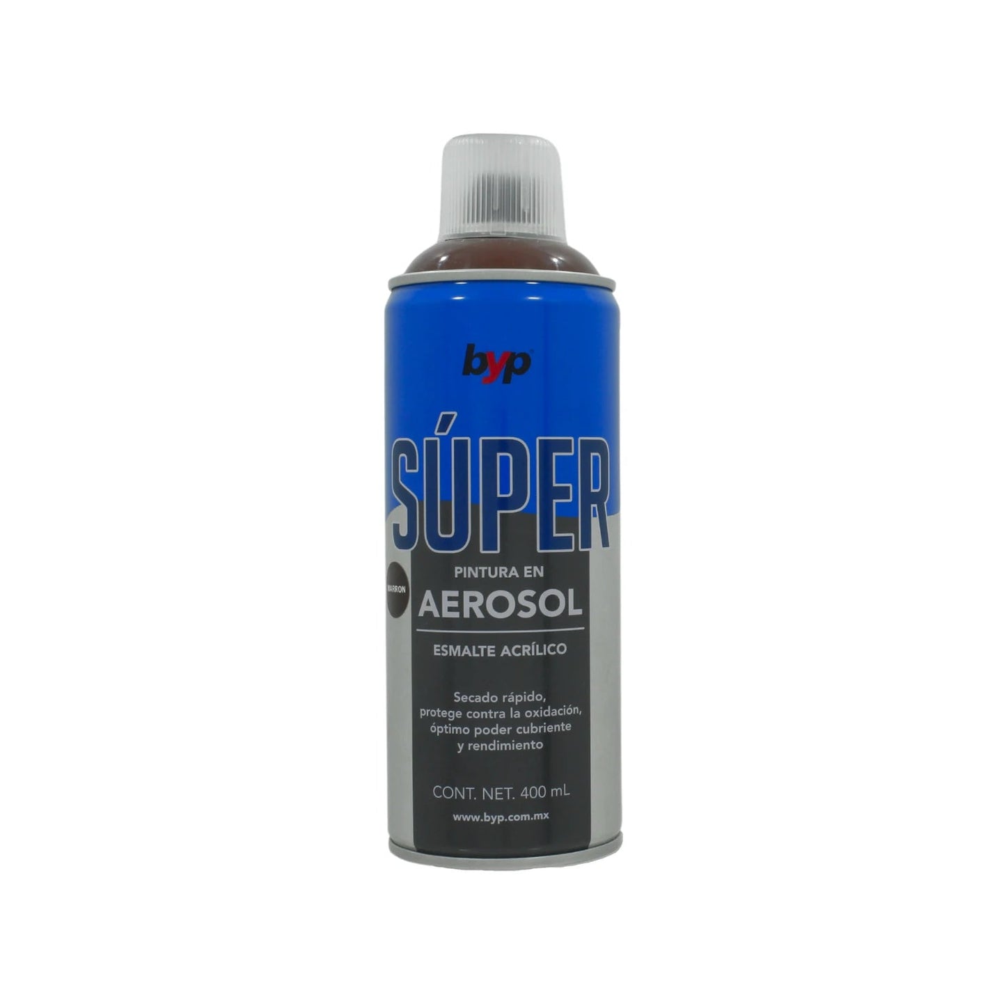 Pintura en aerosol acrílica Byp Súper marrón 400ml, secado rápido y protección anti-óxido para ferretería.