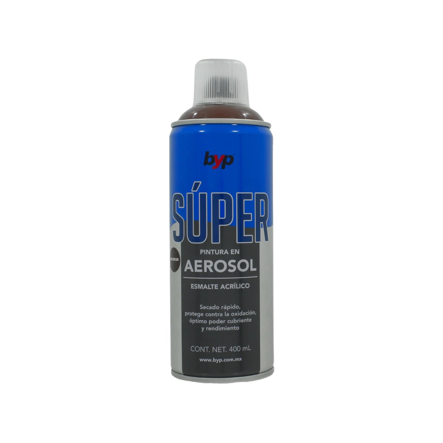 Pintura en aerosol acrílica Byp Súper marrón 400ml, secado rápido y protección anti-óxido para ferretería.