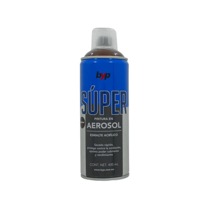 Pintura en aerosol acrílica Byp Súper marrón 400ml, secado rápido y protección anti-óxido para ferretería.