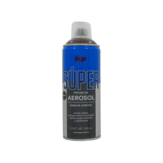 Pintura en aerosol acrílica Byp Súper marrón 400ml, secado rápido y protección anti-óxido para ferretería.