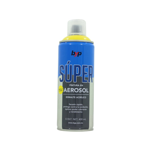 Pintura en aerosol acrílico Byp Súper amarillo canario 400 ml, secado rápido, protección antioxidante.