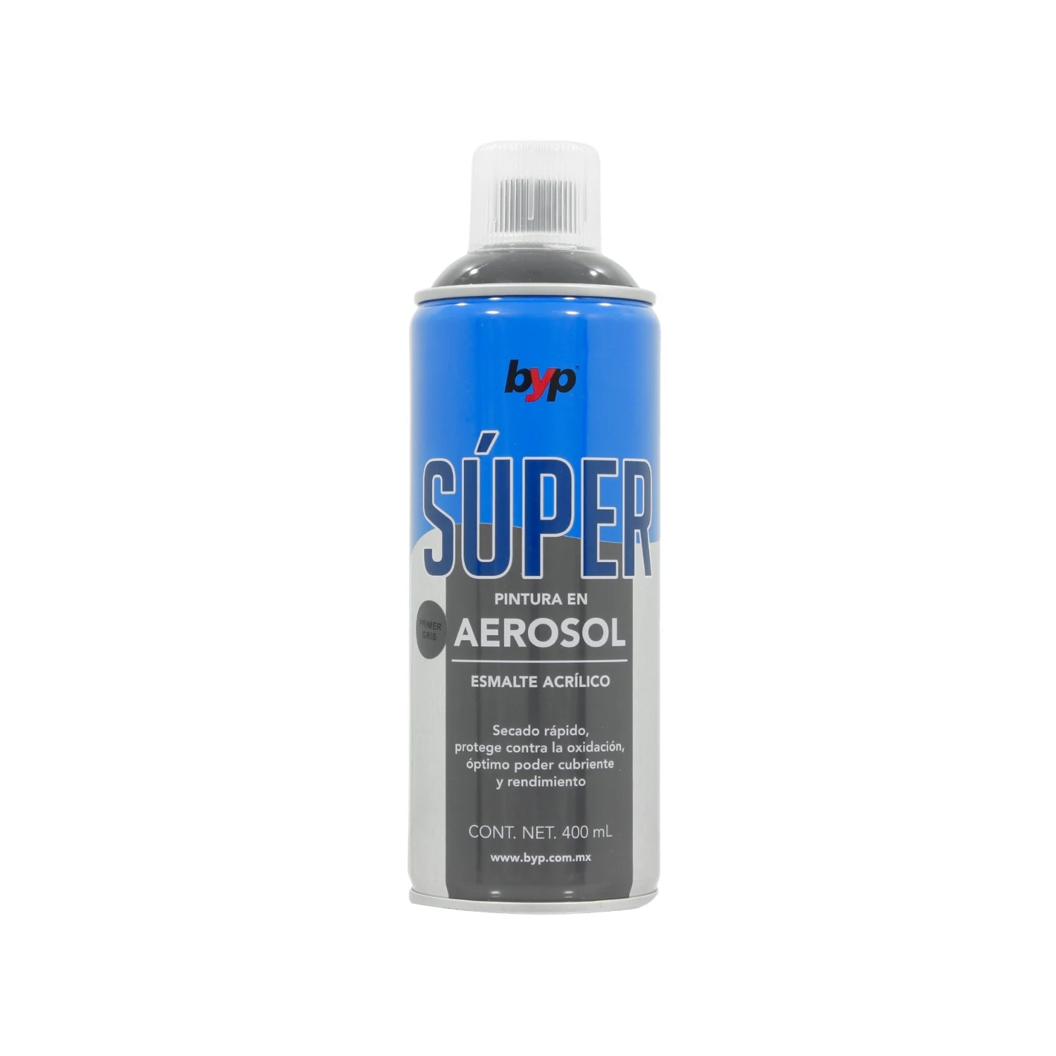 Pintura en aerosol Byp gris primario acrílico 400ml, secado rápido, protector de oxidación para metal y madera.