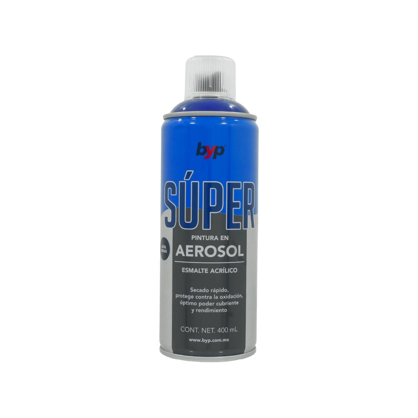 Pintura en aerosol Byp Súper azul regio acrílica 400 ml para secado rápido y protección anti-oxidación