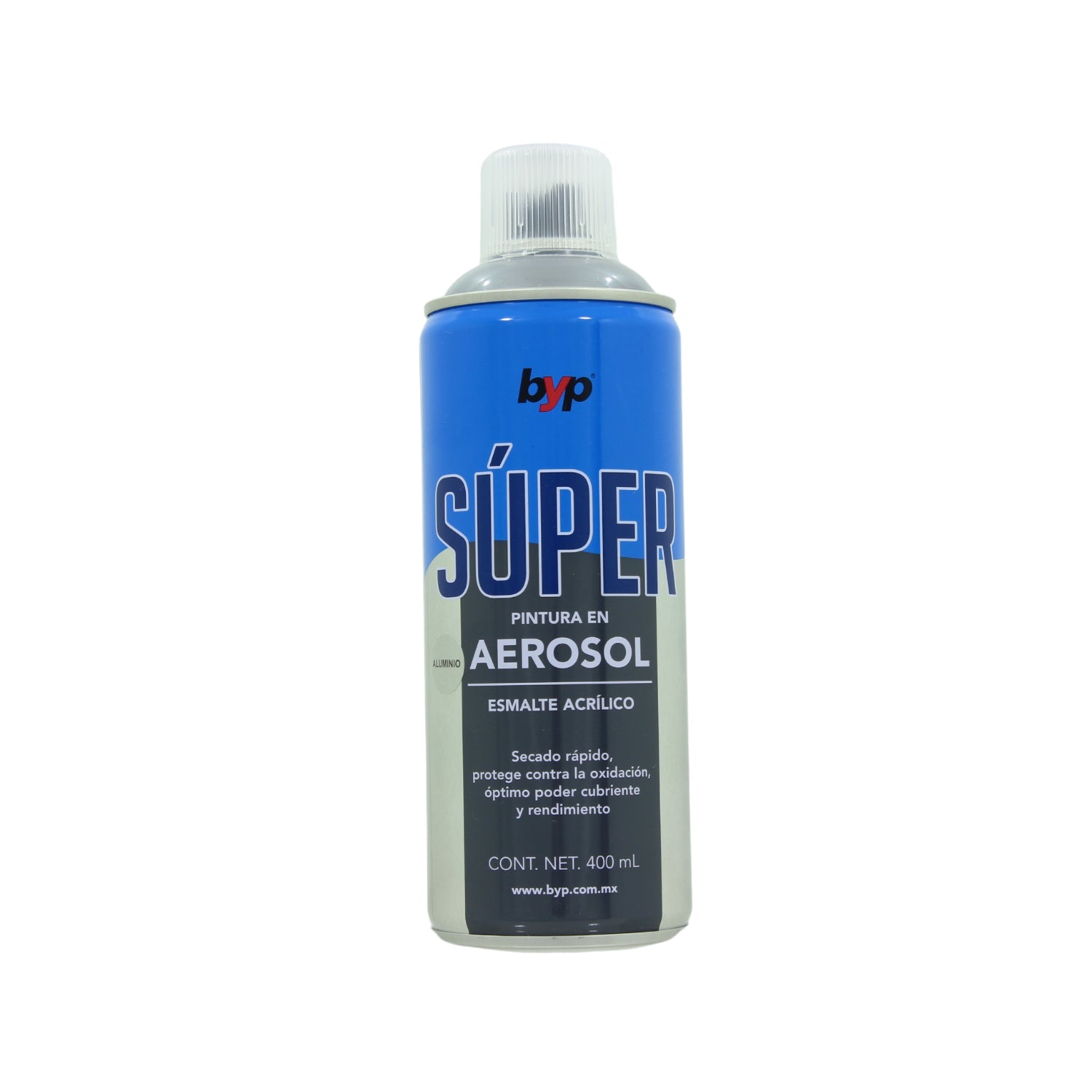 Esmalte acrílico en aerosol Byp Súper color aluminio 400ml, secado rápido, protección contra oxidación.