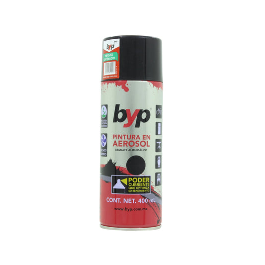 Spray BYP negro satinado 400ml para metal, bicicletas y muebles. Esmalte alquidálico de secado rápido.