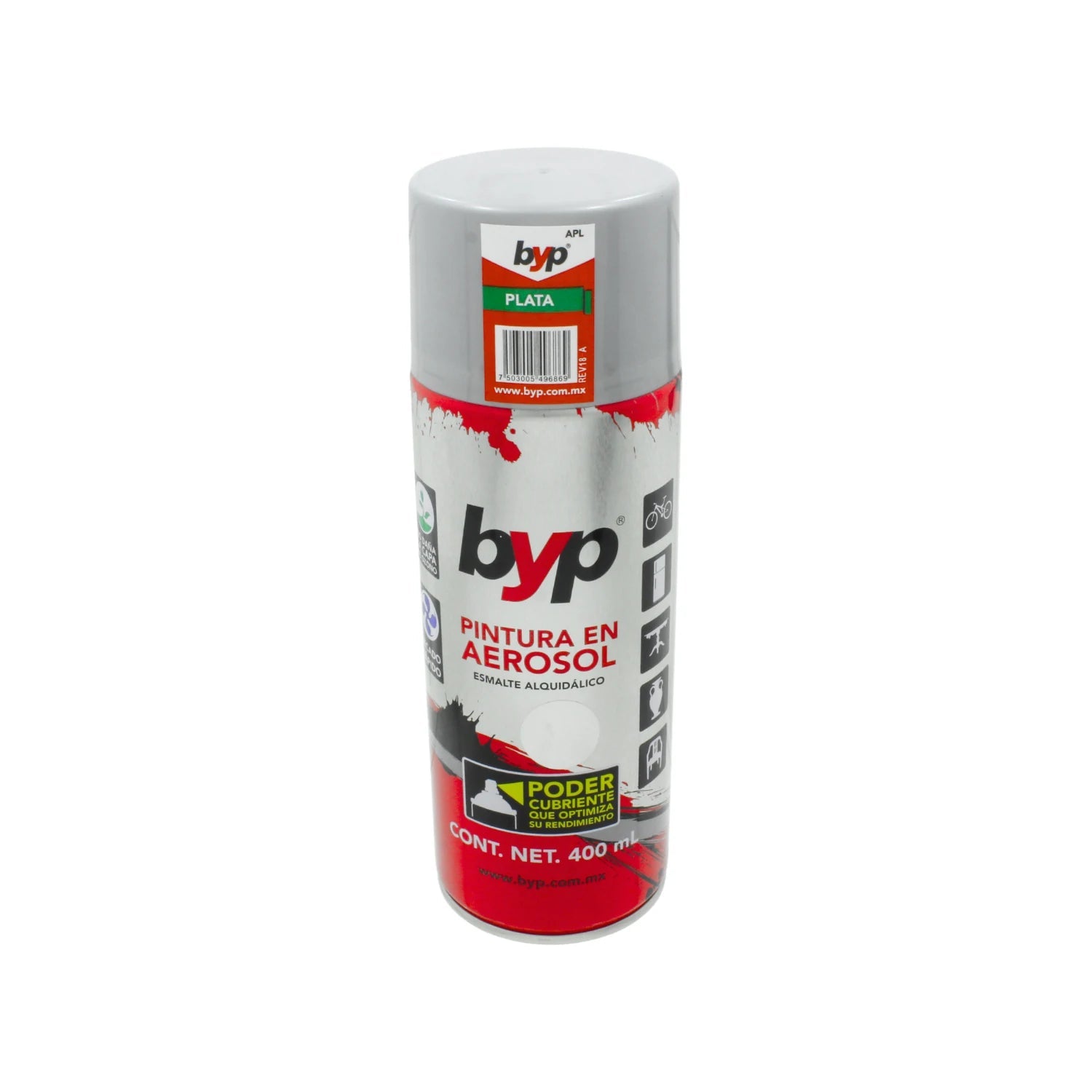 Pintura en aerosol plata BYP 400ml para uso general, esmalte alquidálico de alta cobertura.