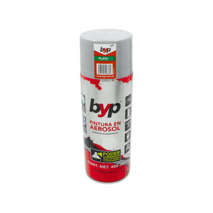 Pintura en aerosol plata BYP 400ml para uso general, esmalte alquidálico de alta cobertura.