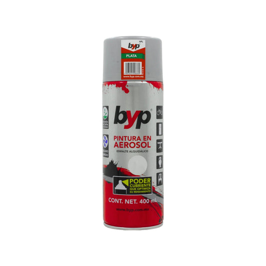 Pintura en aerosol BYP plata 400ml, esmalte alquidálico de secado rápido y alto poder cubriente
