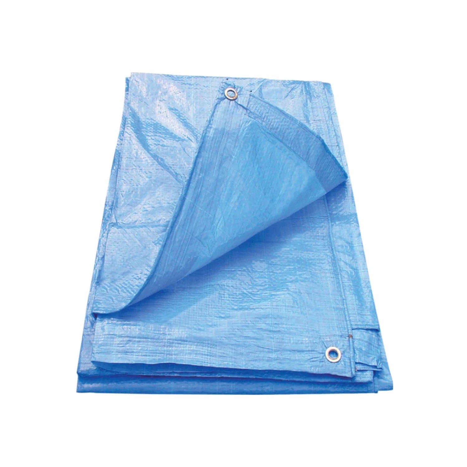 Lona azul de polietileno impermeable con ojales metálicos, resistente para cubierta y protección en exteriores.