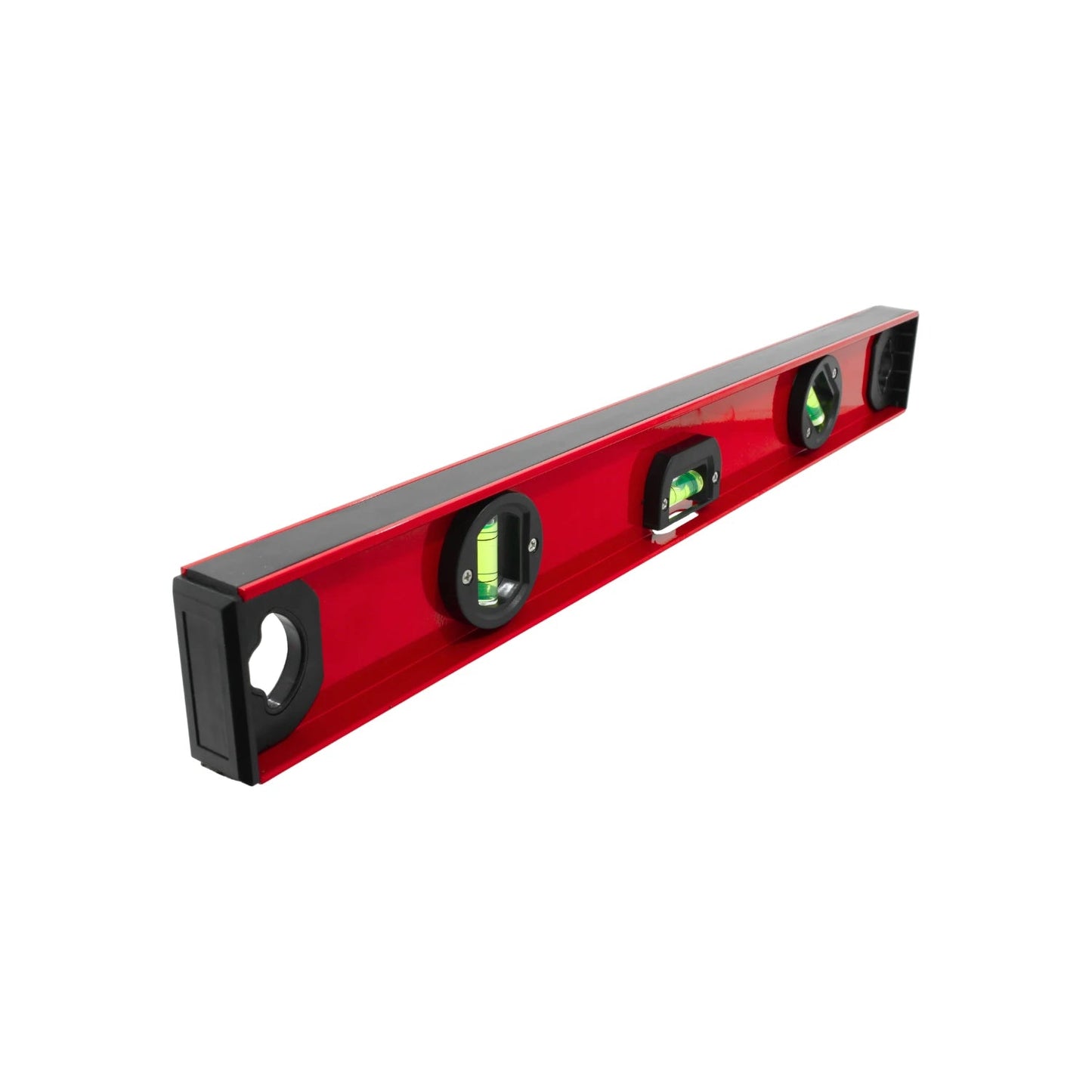 Nivel de burbuja rojo con 3 viales para mediciones precisas horizontales, verticales e inclinadas.