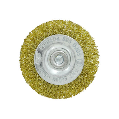 Carda circular de alambre de latón crimpado 2.5 pulgadas para esmeril, limpieza y desbaste de metal.