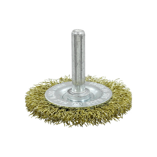 Carda circular de alambre de latón con vástago para taladro, 11500 RPM, ideal para pulir y limpiar.