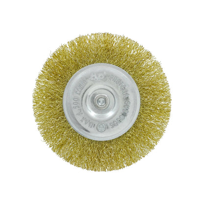 Carda circular bp de 4" para esmeriladora, alambre latón crimpado, desbaste y limpieza metal, MAX 4500 rpm
