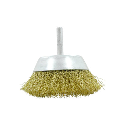 Carda de copa de alambre de latón trenzado para taladro, ideal para desbaste, limpieza y pulido de metal.