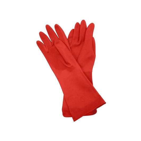 Guantes de hule rojos resistentes para limpieza doméstica y protección de manos en ferretería.