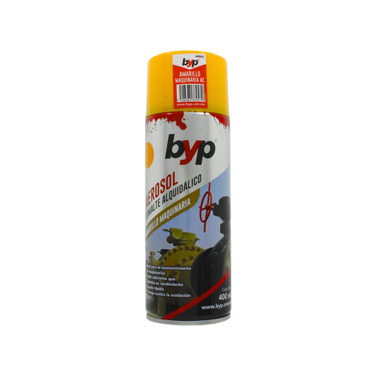 Pintura en aerosol BYP amarillo maquinaria 400ml, esmalte alquidálico para secado rápido y protección.
