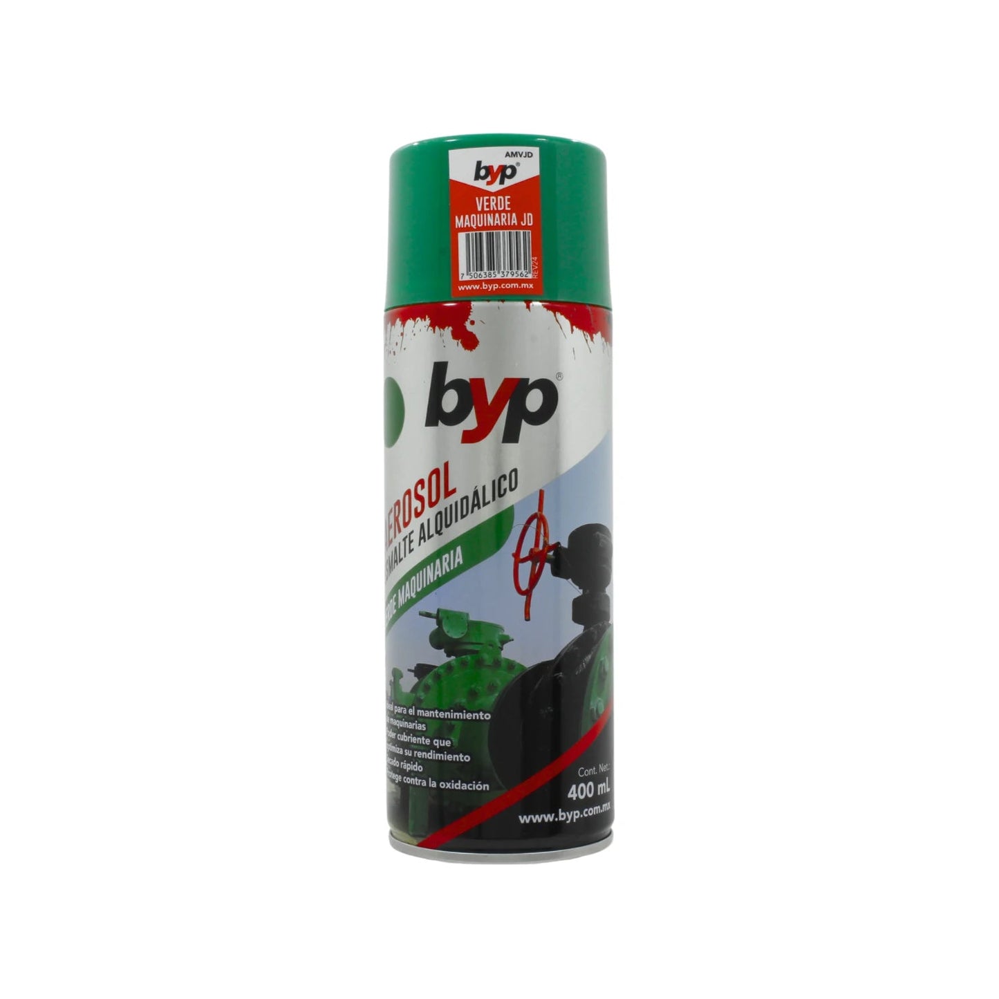 Pintura en aerosol BYP esmalte alquidálico verde maquinaria JD 400 ml para mantenimiento y protección.