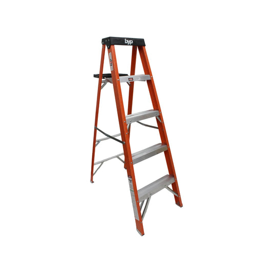 Escalera tijera BYP de fibra de vidrio naranja, 4 peldaños con plataforma superior, robusta y segura para uso profesional