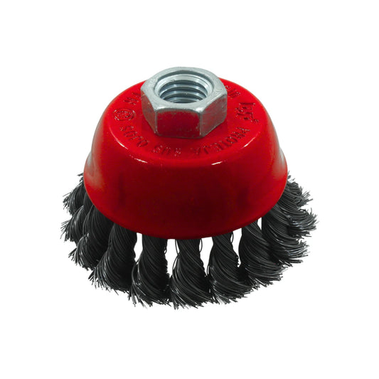 Carda de copa roja con alambre trenzado fino, para limpieza y desbaste en amoladora angular.