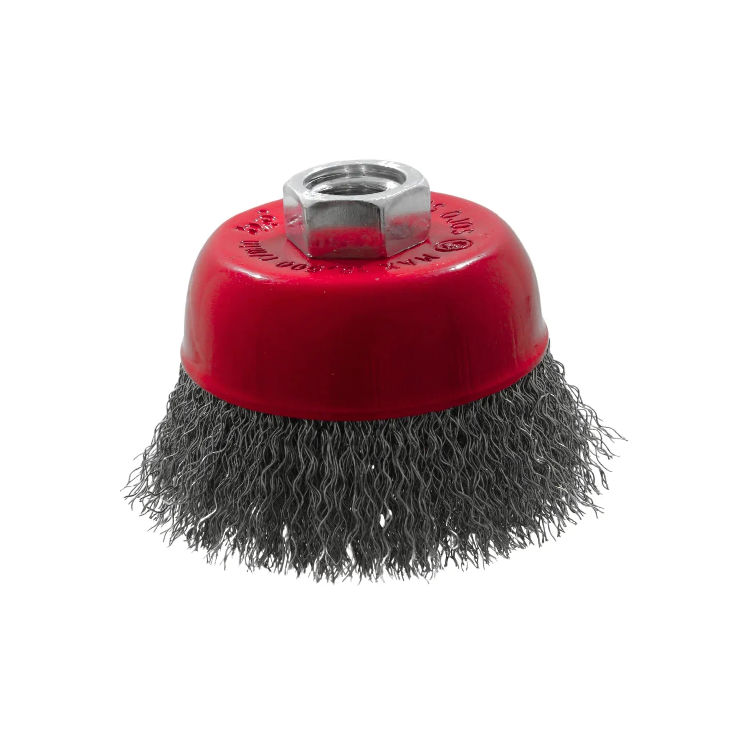 Carda de copa roja con alambre fino ondulado para esmeriladora, limpieza y desbaste de metal.