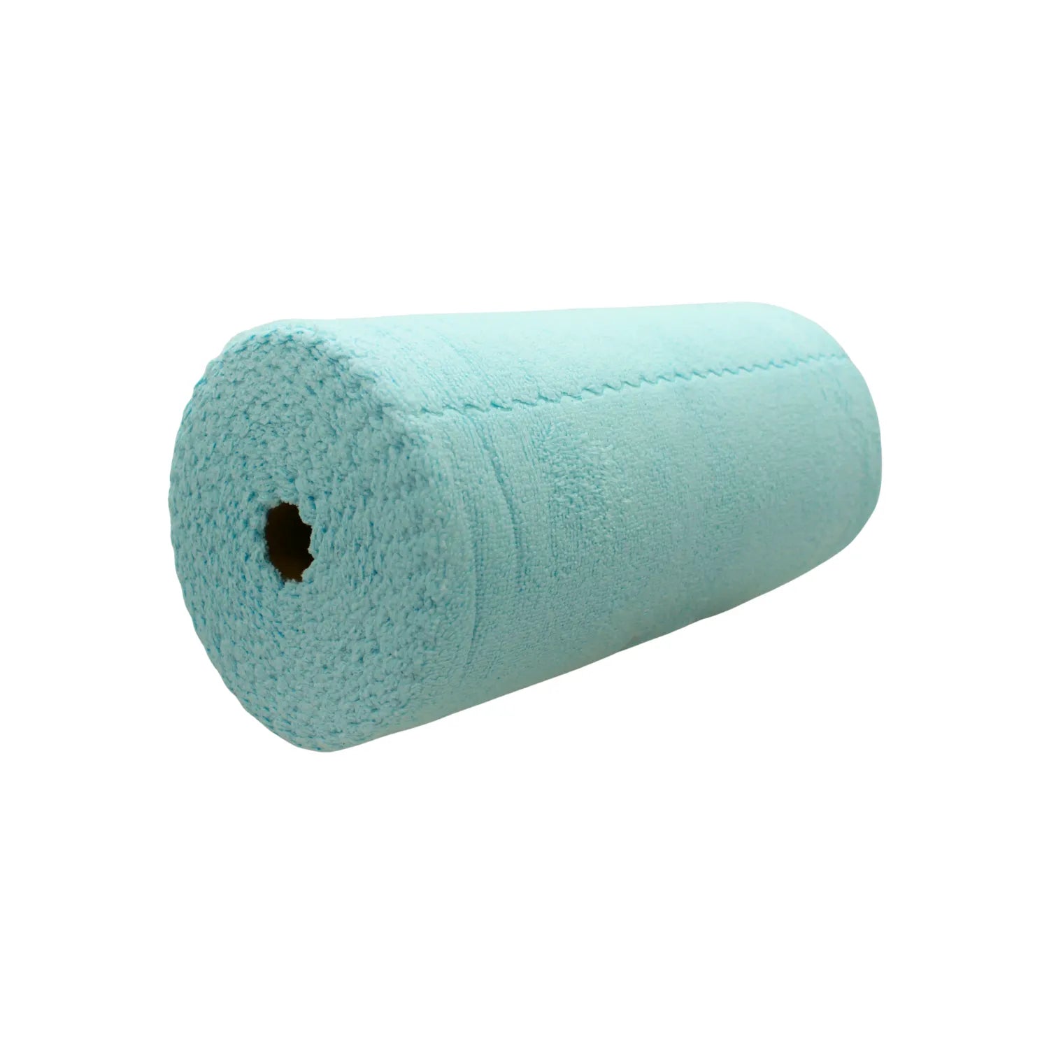 Rollo de paños de microfibra color celeste con perforaciones, ideal para limpieza multiusos en hogar o taller.