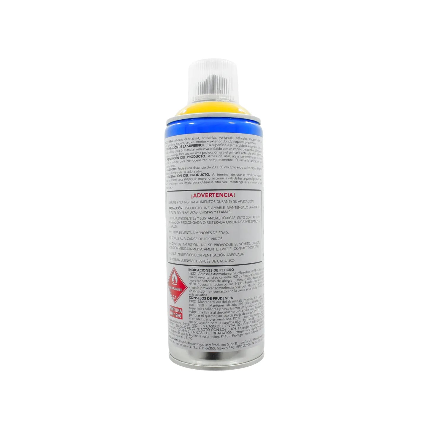Pintura en aerosol azul brillante para madera y metal con instrucciones de aplicación y seguridad